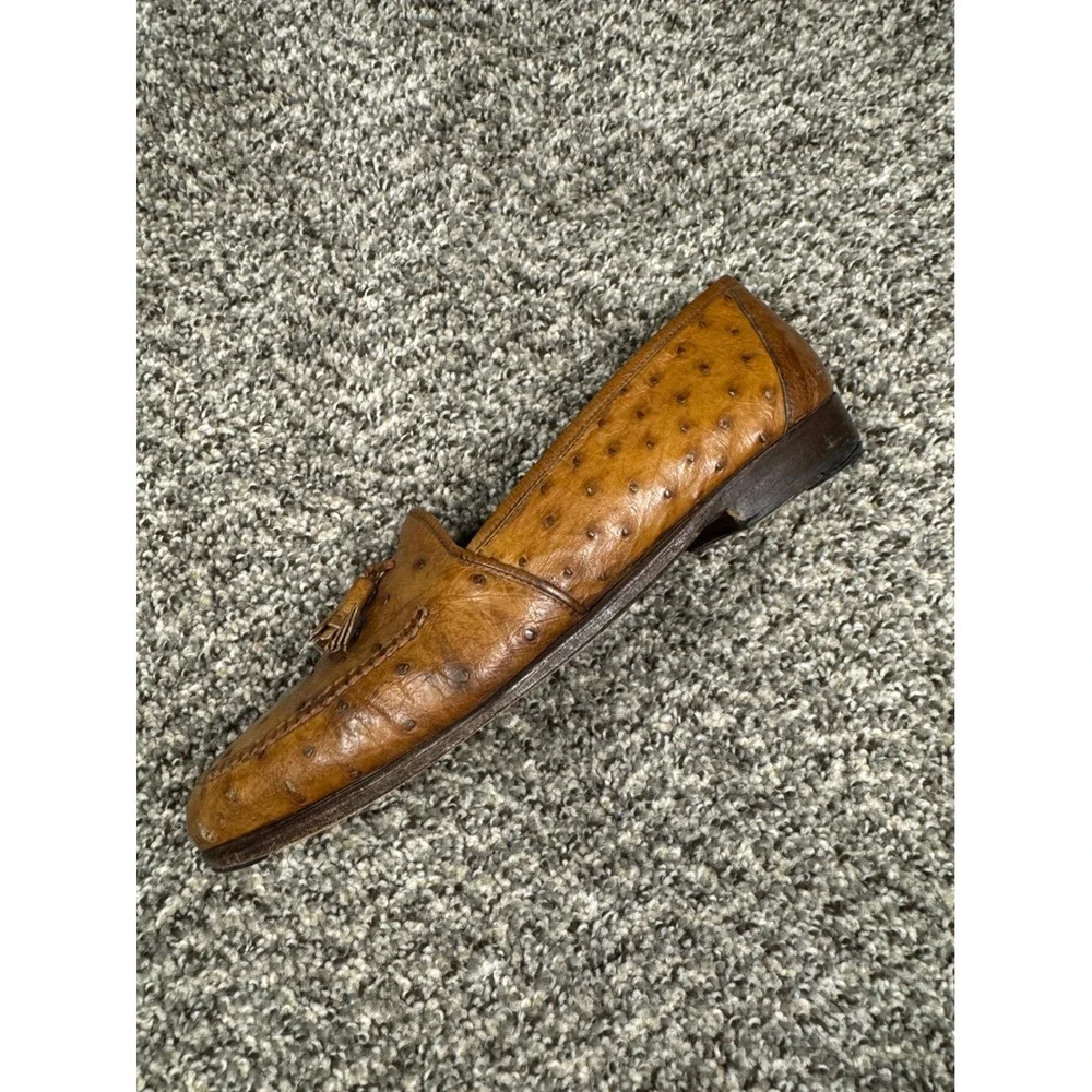 Peter‎ Huber Ostrich Leather Sz 8 1/2 Tassel Loafers Cognac Brown Made in Italy